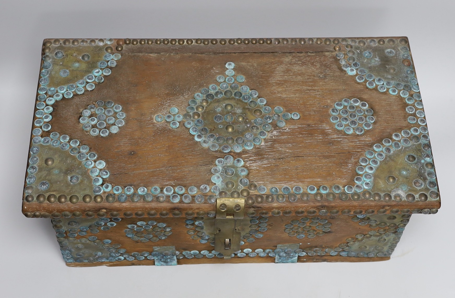 A brass mounted teak Zanzibar chest, 45cm wide